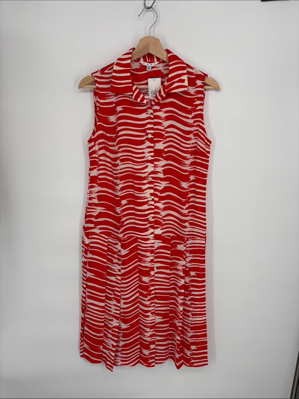 🛹 nwt CAbi brushstroke Red  White Sleeveless Shirt Dress pleated drop waist